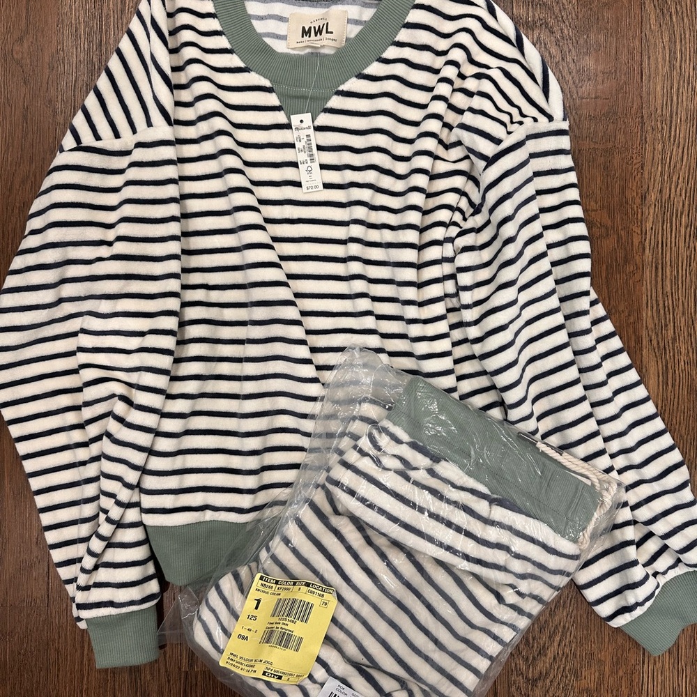 Madewell Navy Blue Striped Sweater with Green Trim
